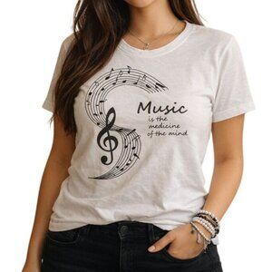 Music Shirt Womens XL White Treble Clef Quote Music is the Medicine of Mind Tee